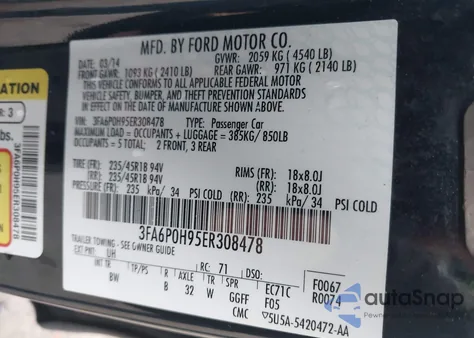 2014 Ford Fusion Se from USA, damaged, VIN 3FA6P0H95ER308478